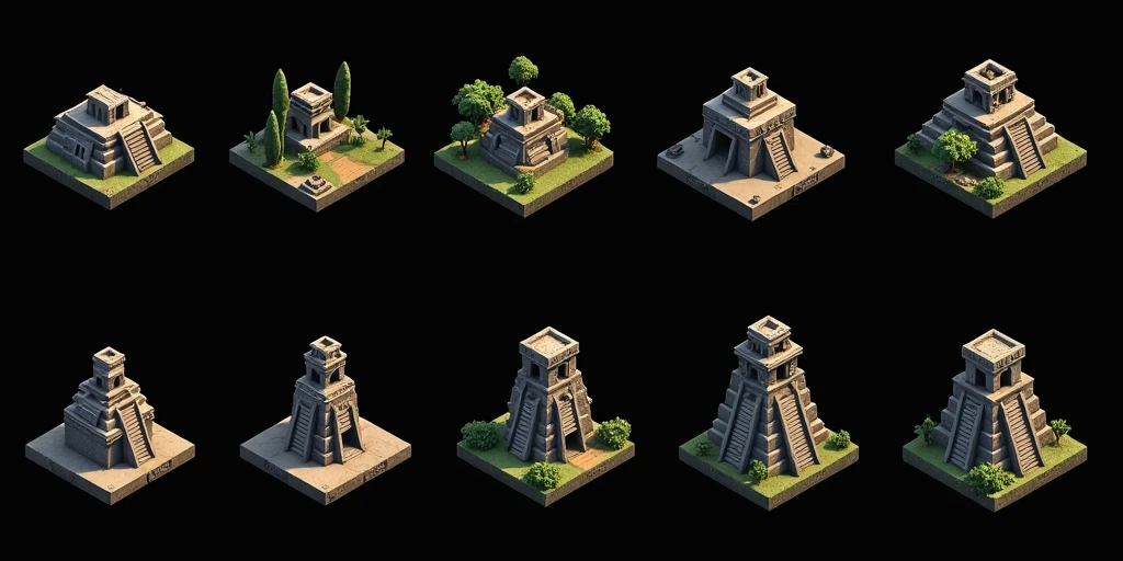 a close up of several different temples, templos de pyramids detalhados, small temples, Pyramids and temple details, isometric temples, prerendered isometric graphics, pyramids, game assets, isometric game feature, large temples, Isometric views, temple background, isometric game art, temples detailed in detail, 3D Renderings