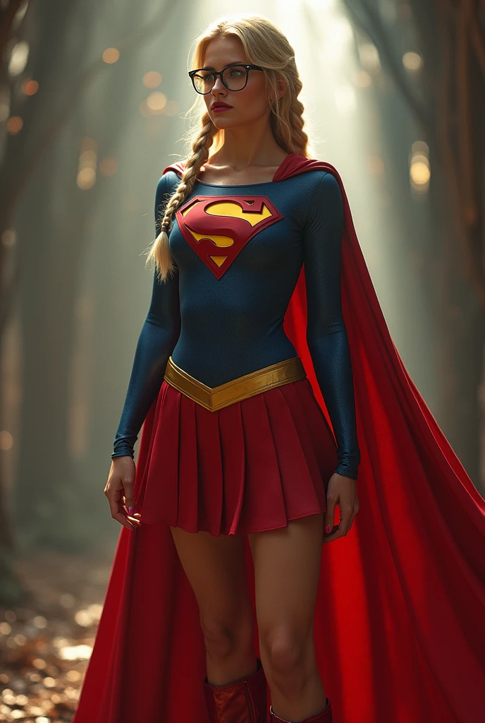 A SEXY AND BUSTY FEMALE WITH BLONDE BRAIDED HAIR AND GLASSES WEARING A SPANDEX 1984 BLUE SUPERGIRL COSTUME COMEPLETE WITH A LONG READ PLEATED SKIRT WITH A YELLOW SUPERGIRL BELT, A PAIR OF RED HEELED BOOTS WITH YELLOW TRIM, AND A LONG FLOWING RED CAPE WITH THE GOLD "S" EMBLEM. RED LIPSTICK, RED FINGERNAILS. INCREDIBLY DETAILED GLOWING SKIN, INCREDIBLEY DETAILED FACE, INCREDIDBLEY DETAILED CLOTHING, TEXTURED SKIN PORES, TEXTURED HAIR, 8K ABSURD RESOLUTION, MASTERPIECE. PHOTO REALSITIC, HYPER REALISTIC. MYSTICAL BACKGROUND. 16K RESOLUTION. PREFESSIONAL GRADE IMAGE.