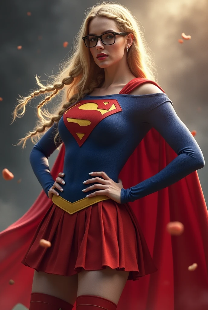 A AND BUSTY FEMALE WITH BLONDE BRAIDED HAIR AND GLASSES WEARING A SPANDEX 1984 BLUE SUPERGIRL COSTUME COMEPLETE WITH A LONG READ PLEATED SKIRT WITH A YELLOW SUPERGIRL BELT, A PAIR OF RED HEELED BOOTS WITH YELLOW TRIM, AND A LONG FLOWING RED CAPE WITH THE GOLD "S" EMBLEM. RED LIPSTICK, RED FINGERNAILS. INCREDIBLY DETAILED GLOWING SKIN, INCREDIBLEY DETAILED FACE, INCREDIDBLEY DETAILED CLOTHING, TEXTURED SKIN PORES, TEXTURED HAIR, 8K ABSURD RESOLUTION, MASTERPIECE. PHOTO REALSITIC, HYPER REALISTIC. MYSTICAL BACKGROUND. 16K RESOLUTION. PREFESSIONAL GRADE IMAGE.