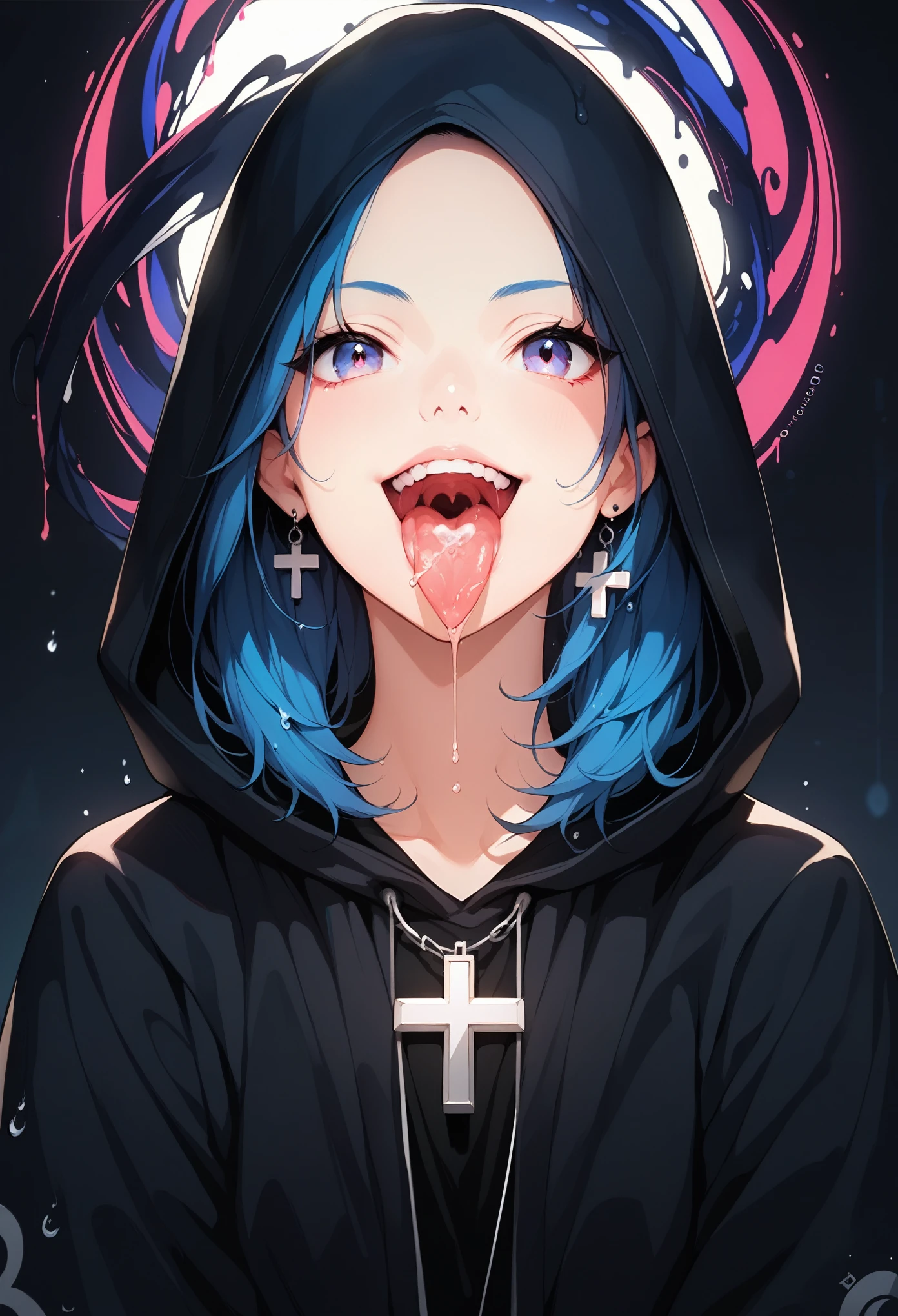 Close-up portrait of a young woman with a rebellious and defiant expression. His face is in the foreground, softly and dimly lit, highlighting her light skin. He wears a black hood that covers most of his head., leaving only his mouth and tongue visible. About the hood, A white cross stands out at the top, contrasting with the dark fabric. the woman has her mouth open, showing a wide, provocative smile while sticking her tongue out, creating a bold and defiant effect. The light is subtle, with soft shadows that add a dramatic touch to the face and hood. The style is hyperrealistic, capturing the details of the fabric texture, Shiny teeth and wet tongue,The hood covers his eyes and nose,only the mouth visible