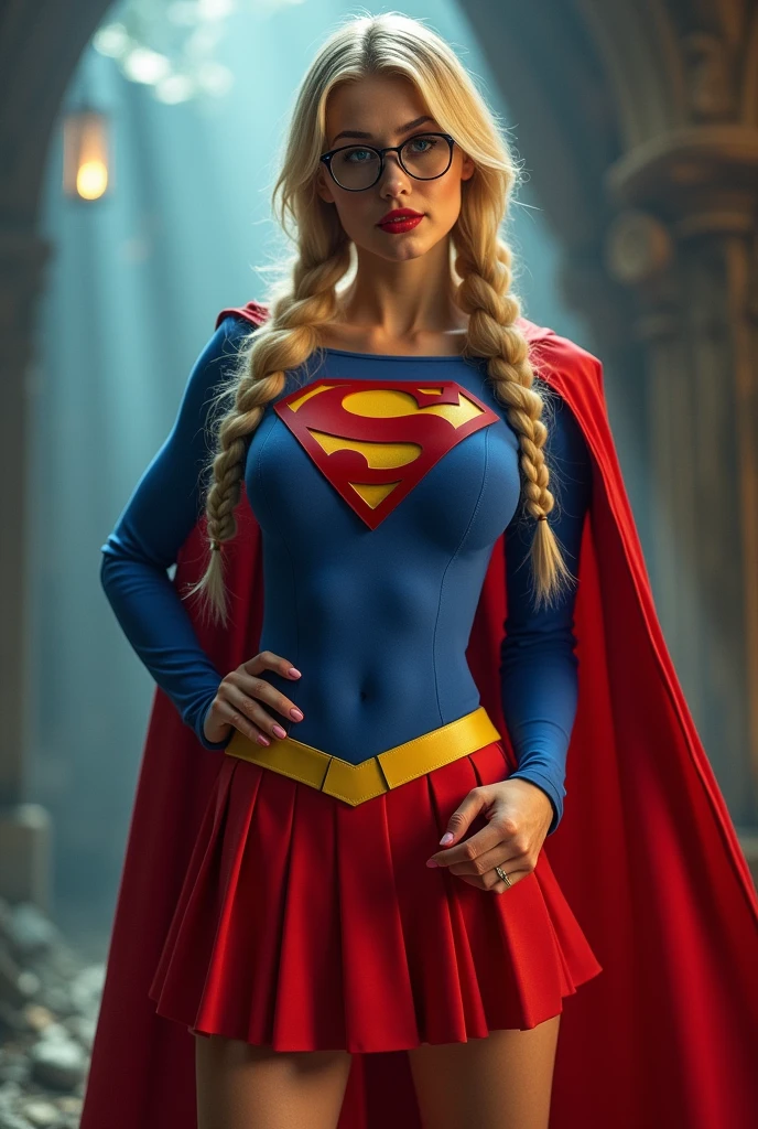 A SEXY AND BUSTY FEMALE WITH BLONDE BRAIDED HAIR AND GLASSES WEARING A SPANDEX 1984 BLUE SUPERGIRL COSTUME COMEPLETE WITH A LONG READ PLEATED SKIRT WITH A YELLOW SUPERGIRL BELT, A PAIR OF RED HEELED BOOTS WITH YELLOW TRIM, AND A LONG FLOWING RED CAPE WITH THE GOLD "S" EMBLEM. RED LIPSTICK, RED FINGERNAILS. INCREDIBLY DETAILED GLOWING SKIN, INCREDIBLEY DETAILED FACE, INCREDIDBLEY DETAILED CLOTHING, TEXTURED SKIN PORES, TEXTURED HAIR, 8K ABSURD RESOLUTION, MASTERPIECE. PHOTO REALSITIC, HYPER REALISTIC. MYSTICAL BACKGROUND. 16K RESOLUTION. PREFESSIONAL GRADE IMAGE.