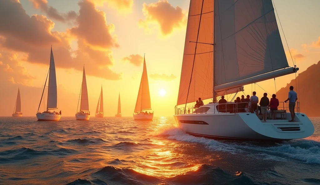 Large white sailing yacht, sails filled with wind, people on the yacht, the captain steers the yacht, in the background the bright sun at sunset, the sun is reflected in the water, the magical shine of the sun, anticipation of the holiday, holiday, sails are reflected in the water, shine, sparks, splashes, fog. In the background are eight large sailing yachts, people on yachts, sails filled with wind, some yachts are standing, yachts are parked on the seashore, in the background is the seashore, yachts are parked, a picturesque embankment line. High quality, clear detail, high resolution, masterpiece, high quality photo, shine, god rays, backlight, UHD, masterpiece, accurate, super detail, high detail, high quality, best quality, high definition, 1080P, HD, 4K, 8k, 16k, general plan, from above, atmospheric perspective, panorama, perspective
