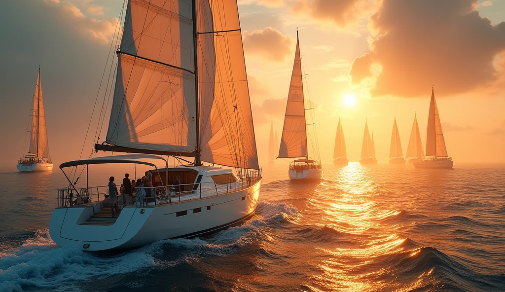 Large white sailing yacht, sails filled with wind, people on the yacht, the captain steers the yacht, in the background the bright sun at sunset, the sun is reflected in the water, the magical shine of the sun, anticipation of the holiday, holiday, sails are reflected in the water, shine, sparks, splashes, fog. In the background are eight large sailing yachts, people on yachts, sails filled with wind, some yachts are standing, yachts are parked on the seashore, in the background is the seashore, yachts are parked, a picturesque embankment line. High quality, clear detail, high resolution, masterpiece, high quality photo, shine, god rays, backlight, UHD, masterpiece, accurate, super detail, high detail, high quality, best quality, high definition, 1080P, HD, 4K, 8k, 16k, general plan, from above, atmospheric perspective, panorama, perspective