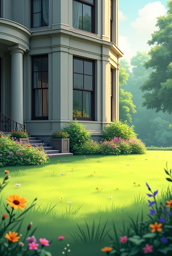 lawn with few flowers and wall of house with windows high up and flowers in the planter

 

