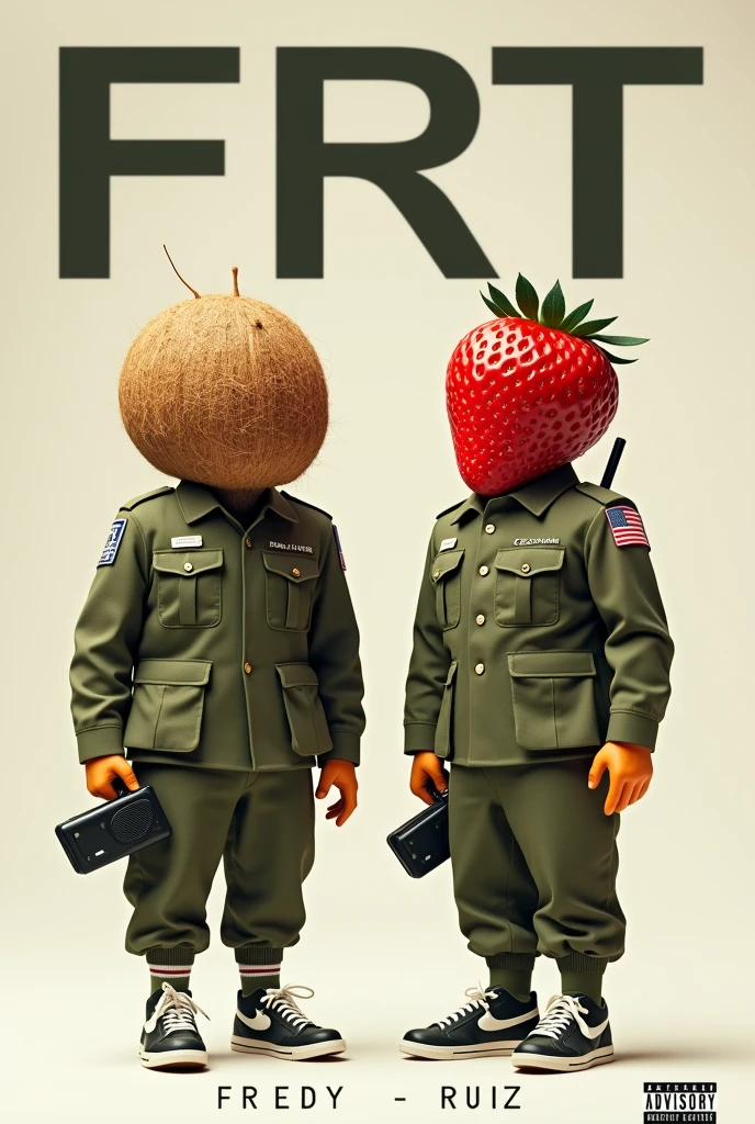 I want an album that has the name FRT on top and Fredy Ruiz on the bottom and in the background a coconut and a strawberry dressed as soldiers with Nike tennis shoes and radios.