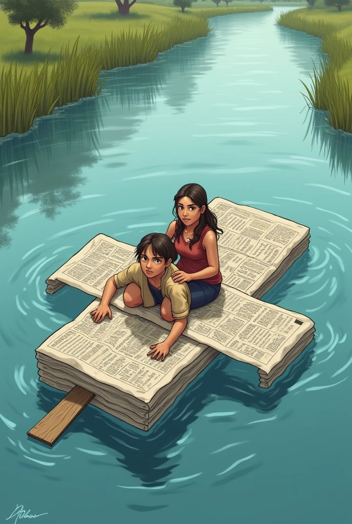 a raft made with three newspapers and two people on top,