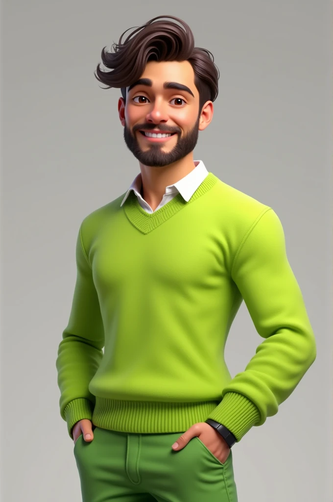 Create a realistic Disney style avatar, male, light skin, medium hair, dark brown eyes, with beard, medium build, fluorescent green sweater, fluorescent green pants.