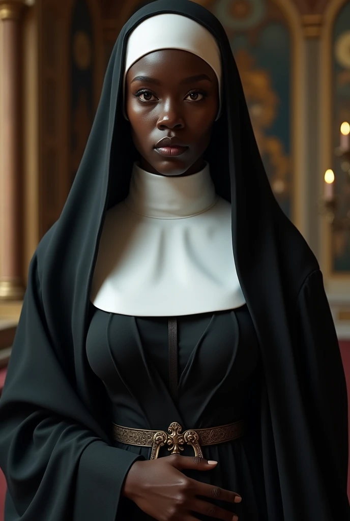 In 8K、Highest quality、Masterpiece、Ultra-high resolution、Photorealistic, ebony, nun, big breast