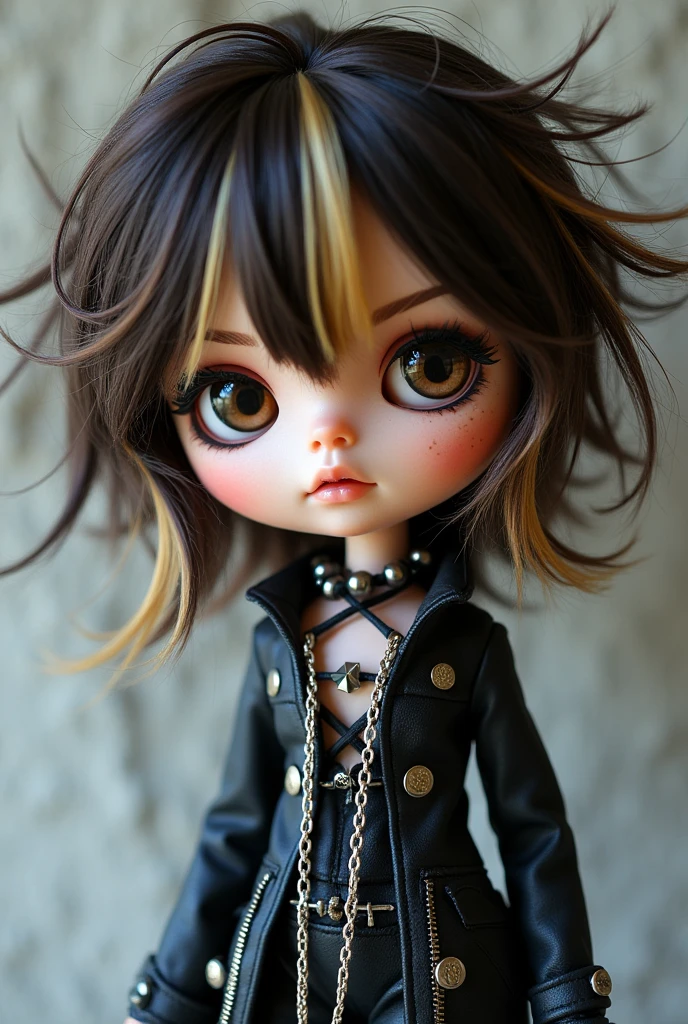 Make me a blythe doll, with messy hair with the root in the middle, in layers, Dark brown with blonde highlights in front, Very dark brown eyes with black eyeshadow and eyeliner, silver chains and alternative
