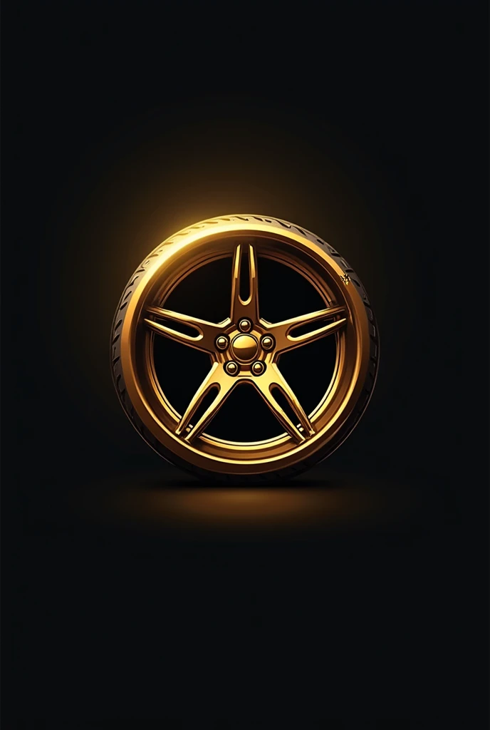 Create an image of a logo for a car accessories store where the logo is a golden tire and rims and with creative but simple effects without a background that is more like a logo