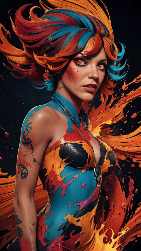 (fauvism art:1.2), (style of Alberto Seveso:1.4), woman with flaming body and a fierce expression, (hateful expression:1), sparking fire red eyes, hell, nobody can flee, dark lava theme, colorful, visually stunning, beautiful, gorgeous, emotional, intricate, perferct shading