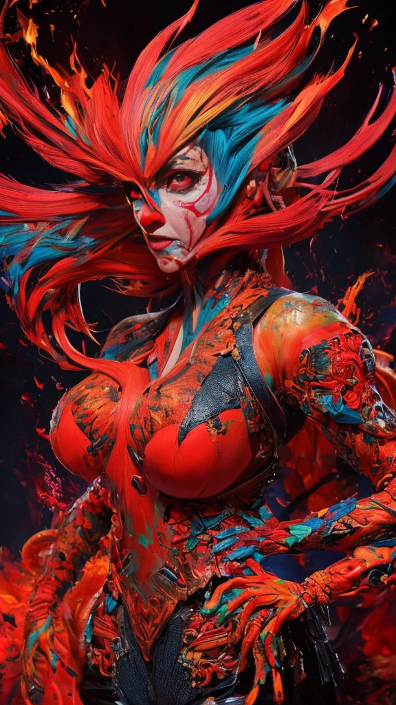 (fauvism art:1.2), (style of Alberto Seveso:1.4), woman with flaming body and a fierce expression, (hateful expression:1), sparking fire red eyes, hell, nobody can flee, dark lava theme, colorful, visually stunning, beautiful, gorgeous, emotional, intricate, perferct shading