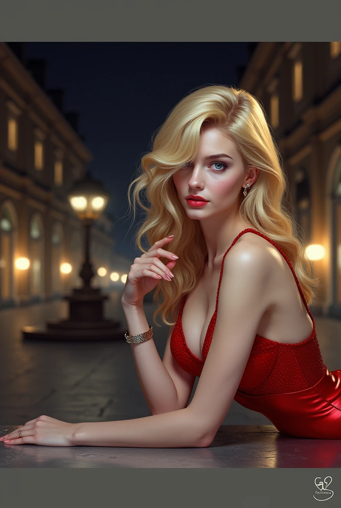 "Blonde woman in a tight red dress with a deep neckline, highlighting her chest and waist, standing elegantly at Place Vendôme at night. Le tissu luxueux de la robe scintille sous les lumières de la place, showcasing her seductive figure."