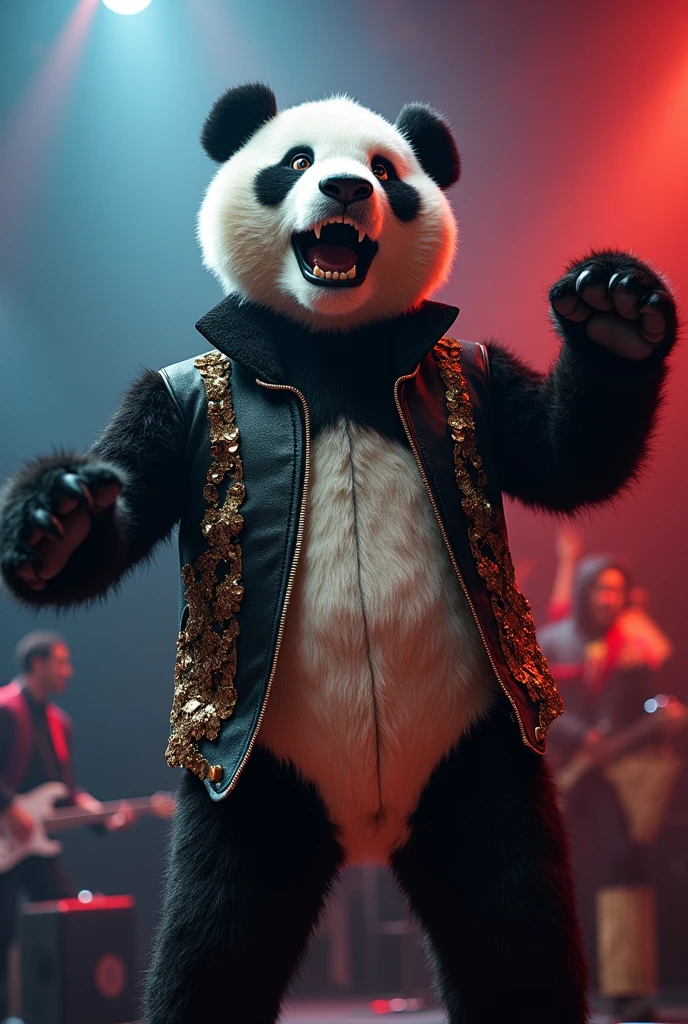 Help me with a semi-realistic image of Freddy Mercury but as a panda. His face as if he were singing. Characteristic clothing from one of his concerts. 