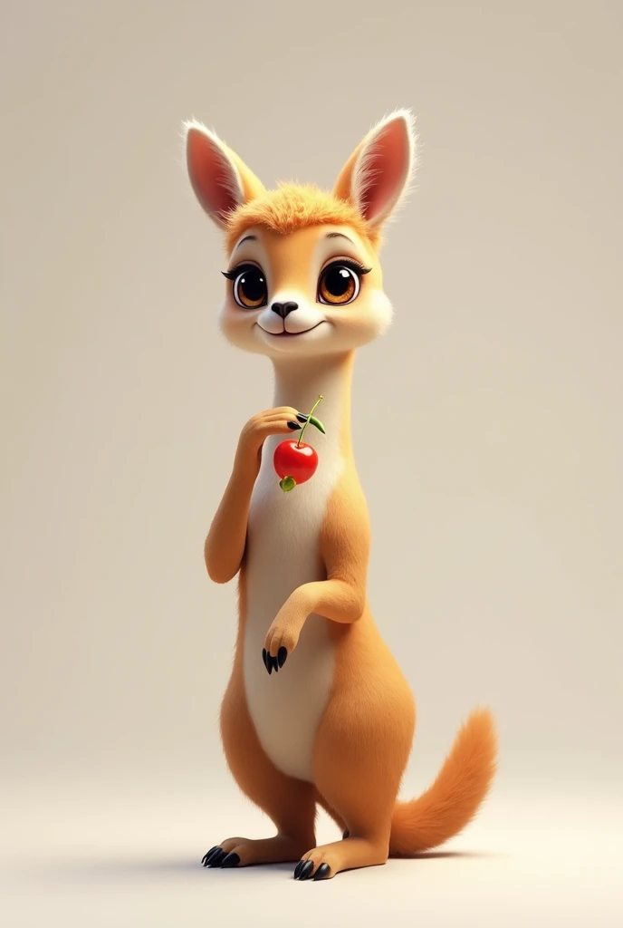 Vicuña looking straight ahead holding a fruit with its paw
