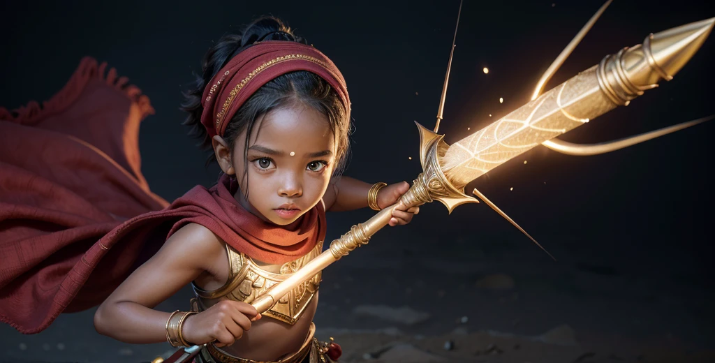 Pixar 3d Create an illustration of a young African child warrior with a powerful, confident stance. The child should have dark skin, wearing traditional African-inspired attire, including a red headscarf and a matching red tunic with golden accents. The warrior is holding a magical staff that emits bright blue lightning. The background should be simple, focusing attention on the child and the glowing blue energy surrounding the staff