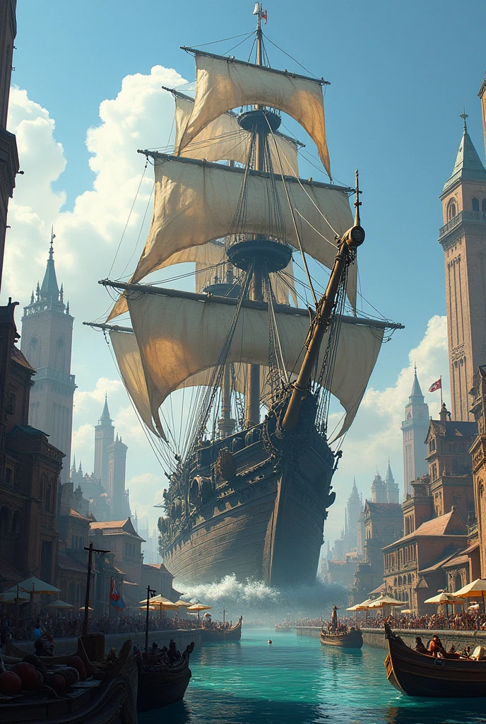 Large port city, full of ships and boats that have been attacked. big city, a large statue of a pirate ship on the city's waterfront.