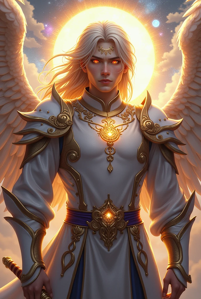 Handsome cold young xianxia protagonist,guy,man,long golden with silver strand hair, Crimson red and golden eyes combination ,and long golden with silver undertone,and the golden rune motiv scratched on his forehead,use armour featuring like God of angel,angel king, with white and golden dominant color,pauldron protective shape like dragon head,breastplate featuring like azure dragon head,breastplate detailed azure dragon head shape,shoulder protective dragon shape like head red and blue,sun and moon and nebulae circling at the background,nebula destruction detail,the tassel of the armour like river of galaxy, combination of white and golden dominant color,purple dominant color, golden dominant color armour,with majestic purple line ,held sword of Raphael angel,sword wielder, And majestic gold wings at back,arch angle wings at back,terrifying aura around,24K ultra hd,face and eyes detail,lips and face detail,masterpiece ,better quality