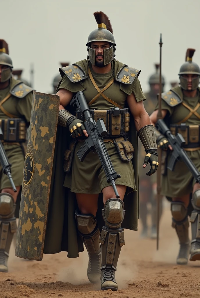 image of the Roman army in the 21st century mix the armor of the Roman soldier with a camouflage helmet with a beige crest camouflage vest characteristic uniform of the 21st century military boot camouflage greaves in the Roman style with camouflage cloak with a rifle and others with a new version of the military shield