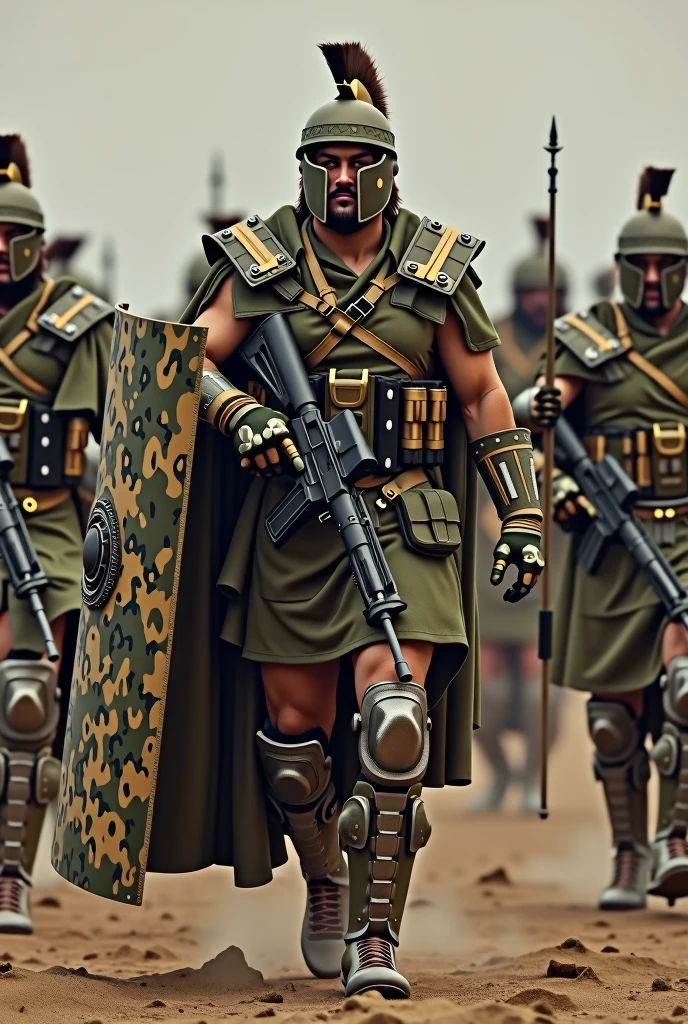 image of the Roman army in the 21st century mix the armor of the Roman soldier with a camouflage helmet with a beige crest camouflage vest characteristic uniform of the 21st century military boot camouflage greaves in the Roman style with camouflage cloak with a rifle and others with a new version of the military shield