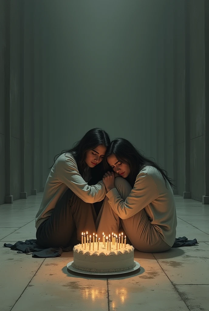Drawing of a sad couple in a large empty room leaning on a table with a cake full of candles