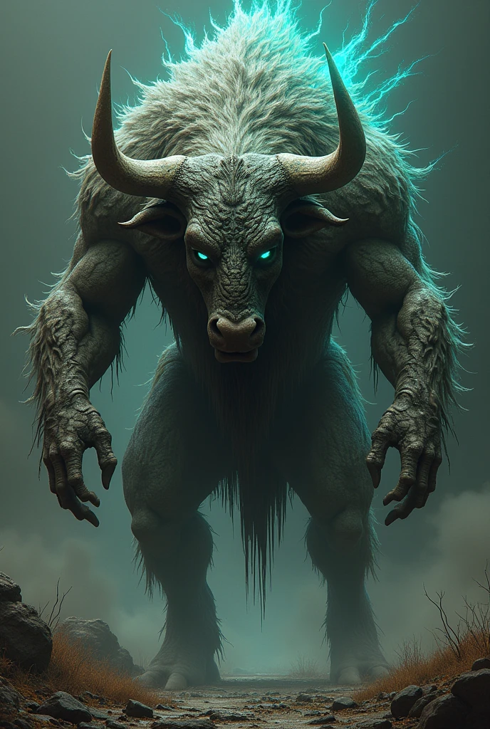 "Design a bull and radiation fusion with glowing eyes and intertwined scales and fur, exuding raw, terrifying power."