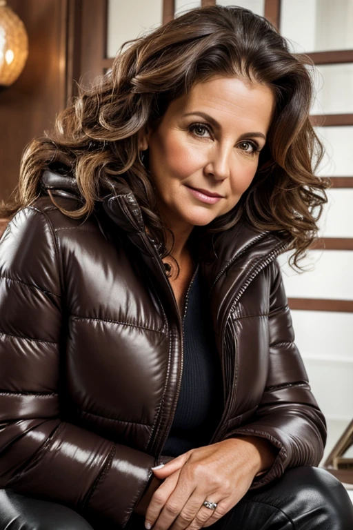 Medium view, of middle aged, 54 year old, mom, gilf, milf, face portrait, jewish features, chubby, pale skin, long hair, brown hair, curly hair style, black leather moncler puffer jacket, in cozy home, sweaty