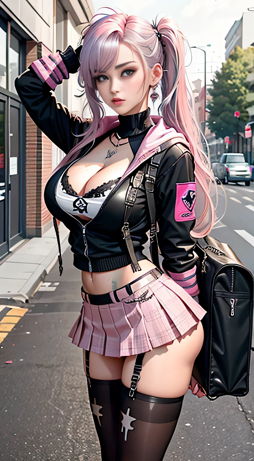 sfw, (((of the highest quality: 1.4))),(unparalleled masterpiece ever), (Ultra high definition),(Ultra-realistic 8K CG), offcial art、 (((adult body, accentuated super huge enormously gigantic , cleavage showing))), (((1girl in))), ((( very long hair in pigtails ))), Punk girl with a perfect body, school girl uniform school girl skirt and backpack with lots of straps buckles and zippers,Beautiful and well-groomed face,Fancy makeup,Detailed punk fashion,school girl uniform and school girl skirt, (Image from head to thigh),((Platinum pink hair )), Harajuku-inspired hooded jacket, Simon Bisley's urban savage style,Detailed street background of school classroom,Clean abs, Complex graphics, dark pink with white stars and gray and white stripeany poisonous tattoos )), piercings, wearing bra,((skinny waist)), young asian girl, ((big breasted)),ted)),