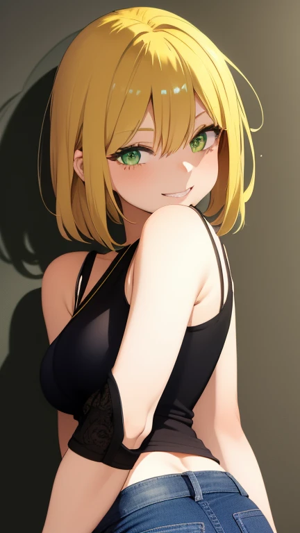 1girl, yellow hair, green eyes, Medium Length Flippy Hairstyles, smiling, black tank top, blue jeans, medium breast, looking at vewers, 