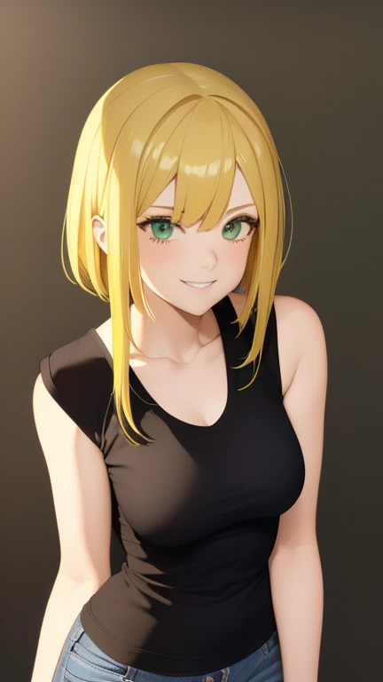 1girl, yellow hair, green eyes, Medium Length Flippy Hairstyles, smiling, black tank top, blue jeans, medium breast, looking at vewers,