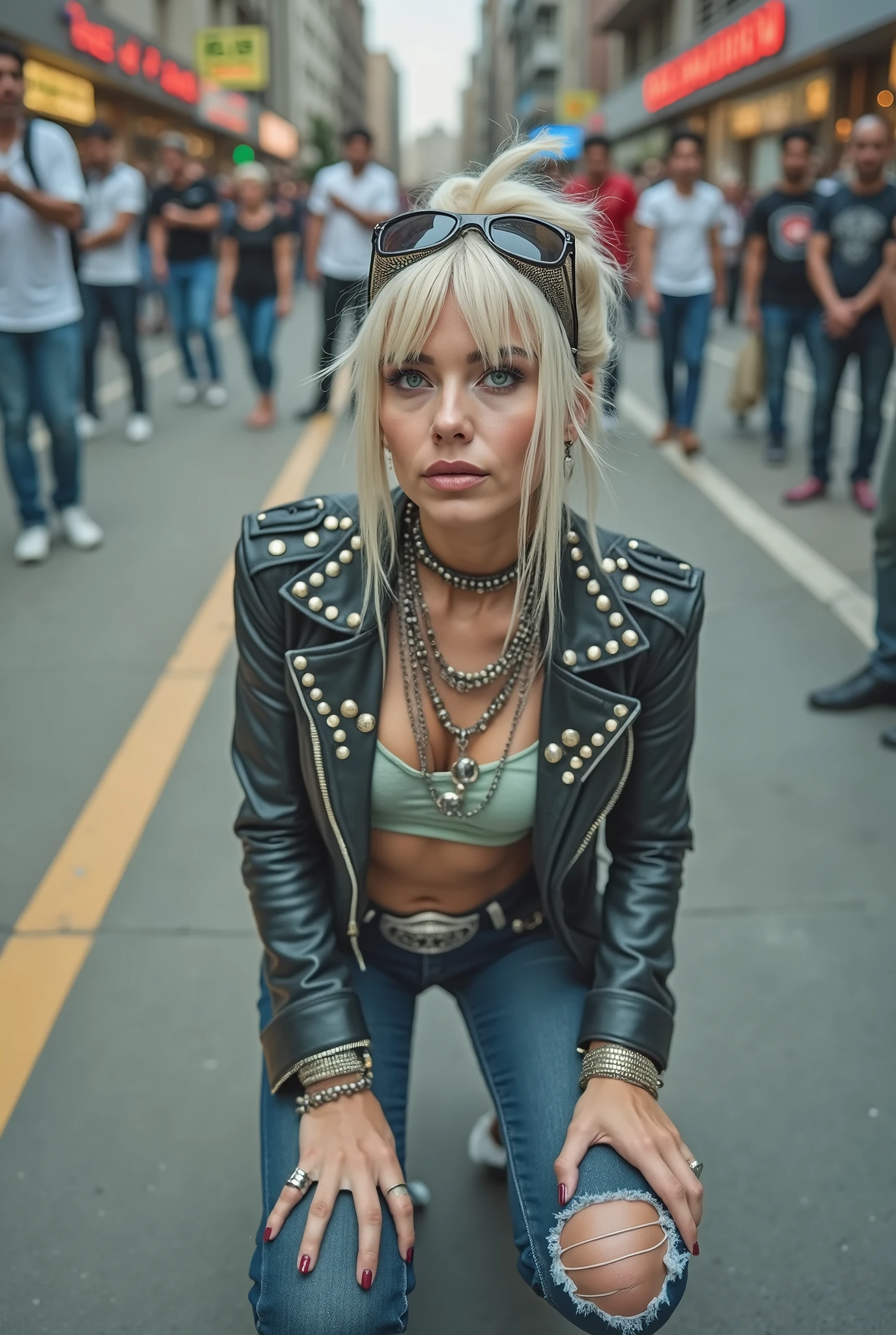 russian old milf woman, blonde platinum hair (beehive bun) and oversized square sunglasses as headband), with very light green eyes, extremely pale. Wearing studded, padded shoulders,  cropped black moto jacket (zippers on the sides, skull patches on the sleeves), green shiny satin push up bra, dark skinny low rise blue jeans with patched holes on knees .White tennis sneakkers. Lots of thick wide studded  bracelets, chain collars and big rings. Tacky wide studded leather belt with big eagle oval buckle. Long earrings with chains. Kneeling, craving for the ice cream of the photographer. Hands on knees. Looking at the camera, Toned abdominals, thin neck, slim legs and thin arms. Narrow hips. Heavily tattooed. Crowded street of Saudi Arabia