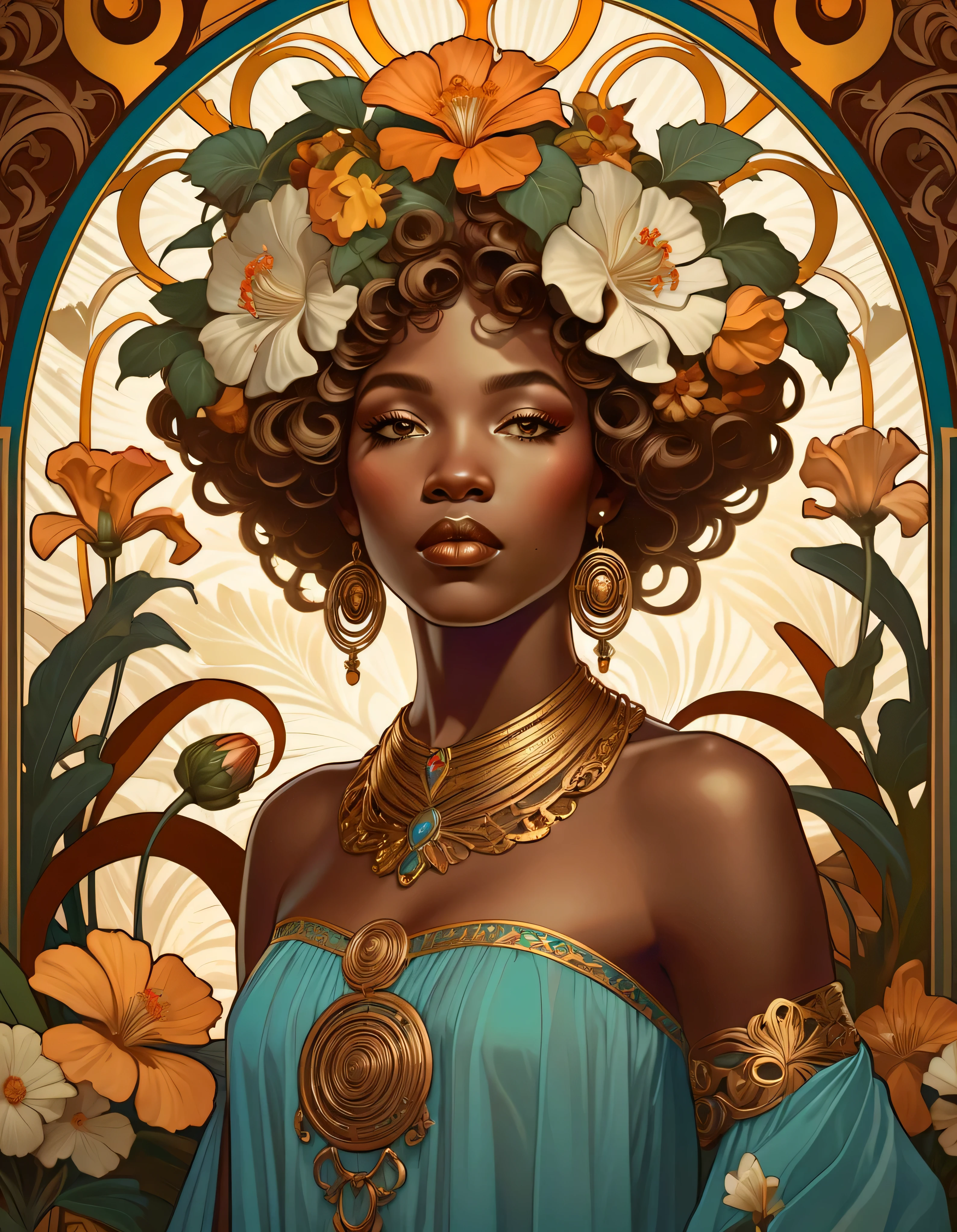 old (Masterpiece, Best Quality, Highres:1.2) Art Nouveau Style Beautiful African Woman with large Hair Shaped as Flowers and large necklaces in the Style of Alphonse Mucha, portrait of a beautiful cute, very beautiful, standing artistically, realistic natural, professional light distribution, very artistic lighting gradation, artistic detail, highly detailed, centered, Nymph-pattern vintage wallpaper with dramatic backlighting casting deep shadows, featuring a meticulously crafted illustration inspired by Dan Mumford and Alphonse Mucha, hyper-realistic and photorealistic textures, extremely detailed with intricate floral and foliage elements, octane rendered in 8K (extremely detailed 8k wallpaper), Golden ratio, hidden ancient African symbols (, Spiral), balanced design, color harmony, Vernis Martin, golden, ancient mythology, artistically twisted edges, reminiscent of old-world craftsmanship with a contemporary edge, volumetric lighting, ultra fine details.