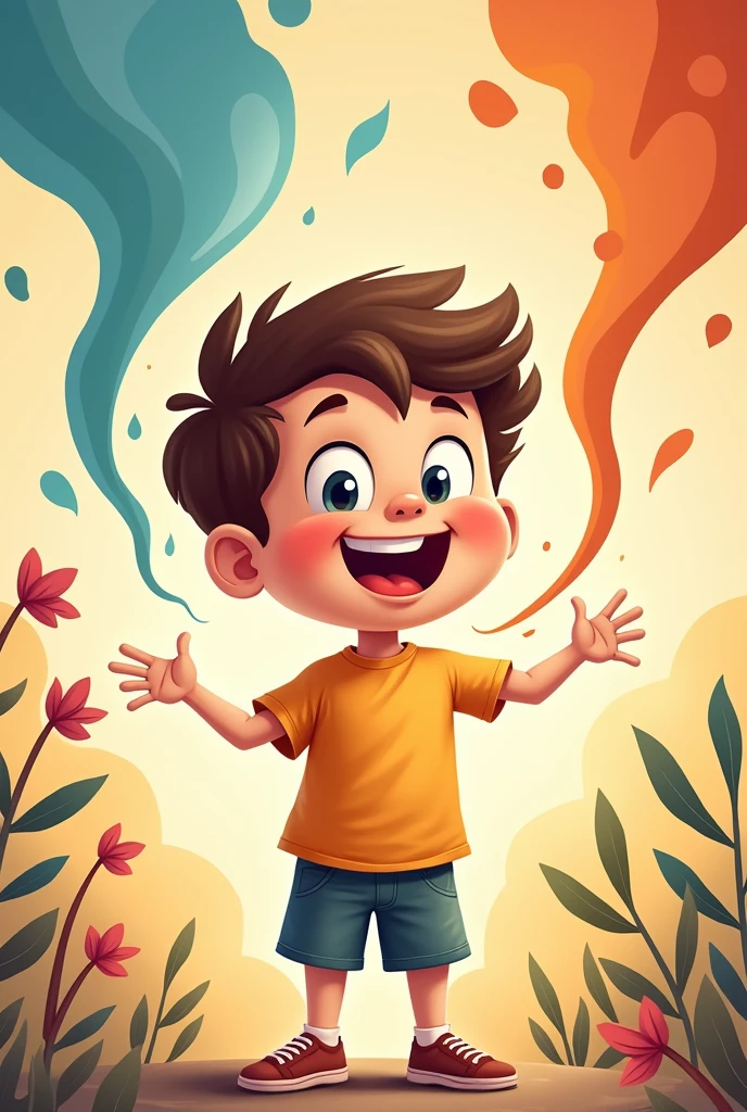 Cartoon drawing of a boy surrounded by different pleasant smells, showing happiness.