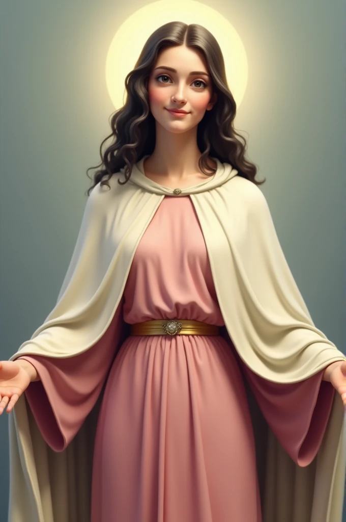 Virgin Mary smiling, with open arms, your pink ica and white cloak, black hair and black eyes