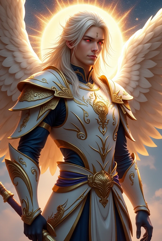 Handsome cold young xianxia protagonist,guy,man,long golden with silver strand hair, Crimson red and golden eyes combination ,and long golden with silver   undertone,and the golden rune motiv  scratched on his forehead,use armour featuring like God of angel,angel king,  with white and  golden dominant color,pauldron protective shape like dragon head,breastplate featuring like azure dragon head,breastplate detailed azure dragon head shape,shoulder protective dragon shape like head red and blue,sun and moon and nebulae circling at the background,nebula destruction detail,the tassel of the armour like river of galaxy, combination of white and golden dominant color,purple dominant color, golden dominant color armour,with majestic purple line ,held  sword of Raphael angel,sword wielder, And majestic gold  wings at back,arch angle wings at back,terrifying aura around,24K ultra hd,face and eyes detail,lips and face detail,masterpiece ,better quality 