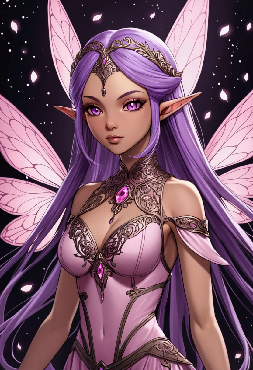 dnd woman character , dark elf , big  , purple hair color , soft pink skin color , fairy , fairy atmosfer 