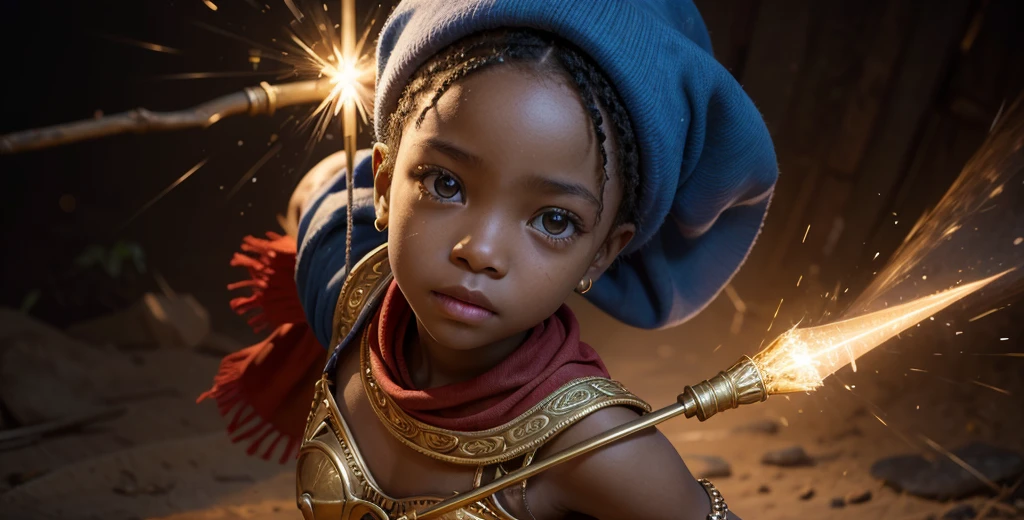 Pixar 3d Create an illustration of a young African child warrior with a powerful, confident stance. The child should have dark skin, wearing traditional African-inspired attire, including a red headscarf and a matching red tunic with golden accents. The warrior is holding a magical staff that emits bright blue lightning. The background should be simple, focusing attention on the child and the glowing blue energy surrounding the staff