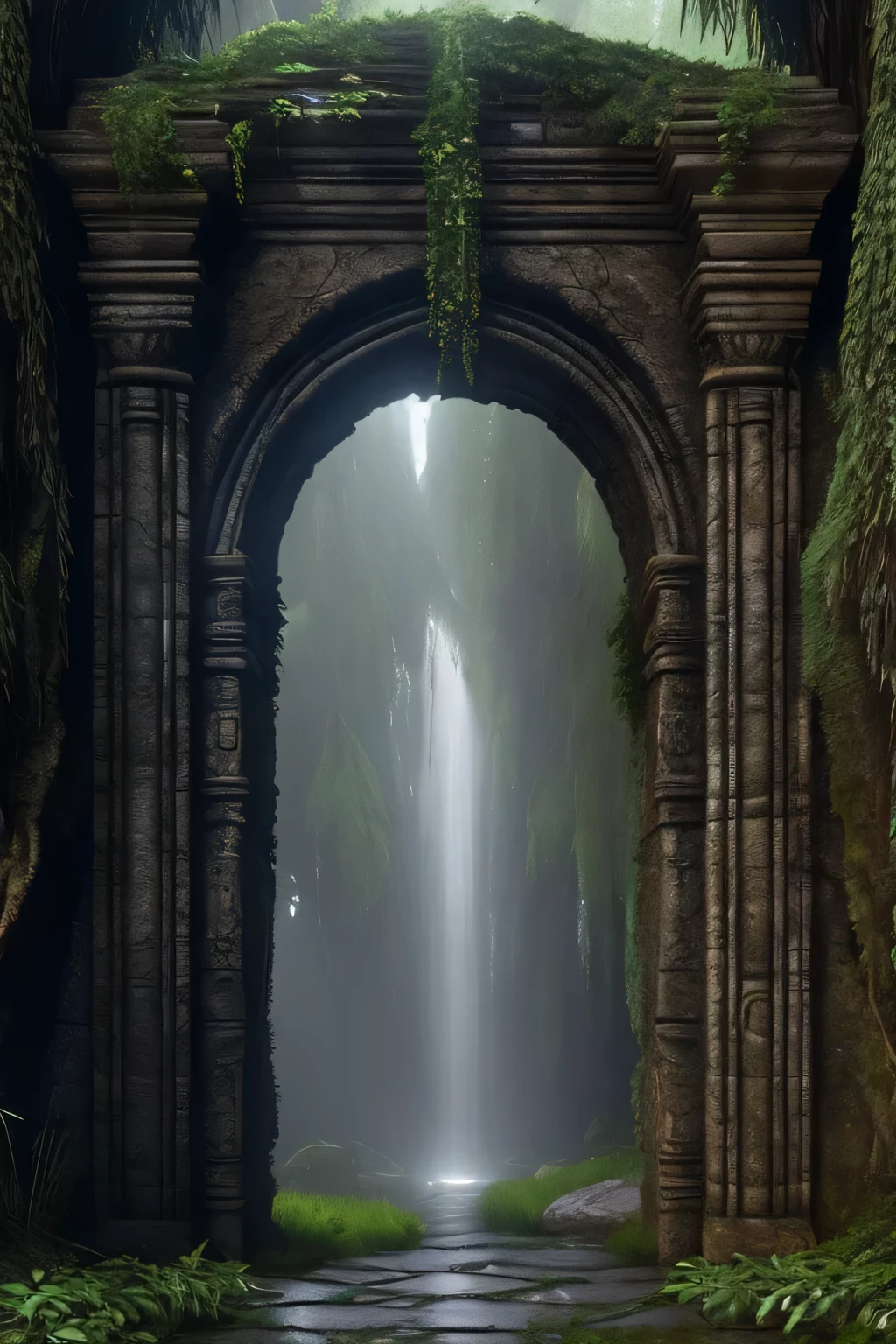 An ancient portal of time and space, a weathered stone structure of better quality and resolution (1.2), with dimensions in 4K and 8K (Ultra-high definition), revealing a magnificent masterpiece. The giant double doors are intricately carved, displaying photorealistic (1.37) and highly detailed designs that seem to come to life. Shimmering portal to another dimension, the entrance creates a serene atmosphere full of magic, as sunlight penetrates through the layers of overgrown vines and moss covering the entrance. Crumbling pillars and cracked walls tell stories of a long-lost civilization, as the shades of twilight cast an eth