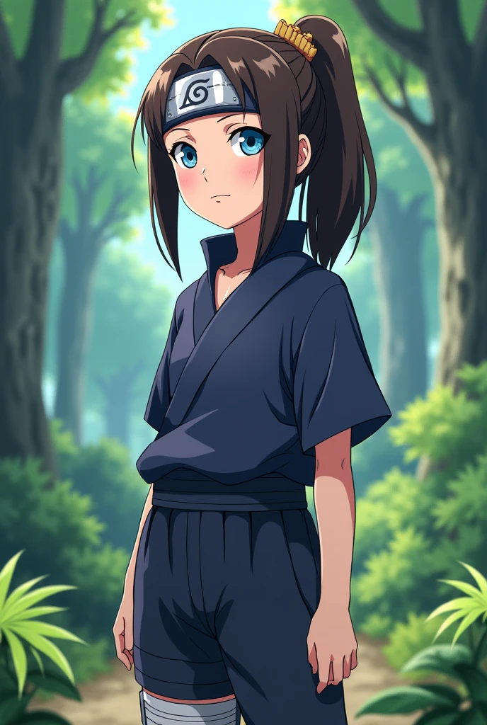 capture d&#39;écran, Style d&#39;anime Naruto, une fille femme de 12ANS , peau teint clair légèrement pâle, Taille moyenne, Poitrine moyenne yeux bleus(style anime Naruto), cheveux BRAIN, Long, QUEUE DE CHEVAL,SANS REPOUSSES,REGULIER, barrette en bois pour cheveux, vêtements de ninja SANADA, pantalon court Noir foncé et T-shirt  VIOLET BLEUATRE, avec un bandeau de ninja, dans une foret Info (style fille anime Naruto)
