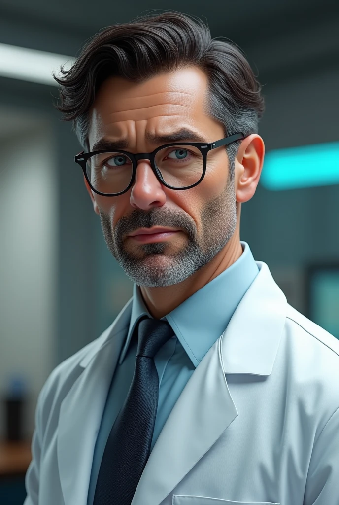 AGE: Around 45 years.
Height: Approximately 1.80 meters.
Complexion: Slim but athletic.
for the: dark brown, slightly wavy, side hairstyle, with some grey hair at the temples.
eyes: Blue or green, with an intense and thoughtful look.
fur: thesis clara, with a healthy appearance.
facial hair: Light and well-trimmed beard, which adds a touch of maturity.
outfit: White lab coat over a light blue shirt, sober tie and thin-framed glasses.
These characteristics combine a professional appearance with an air of authority and experience., ideal for a prominent scientist like Dr.. Adrian Pierce.