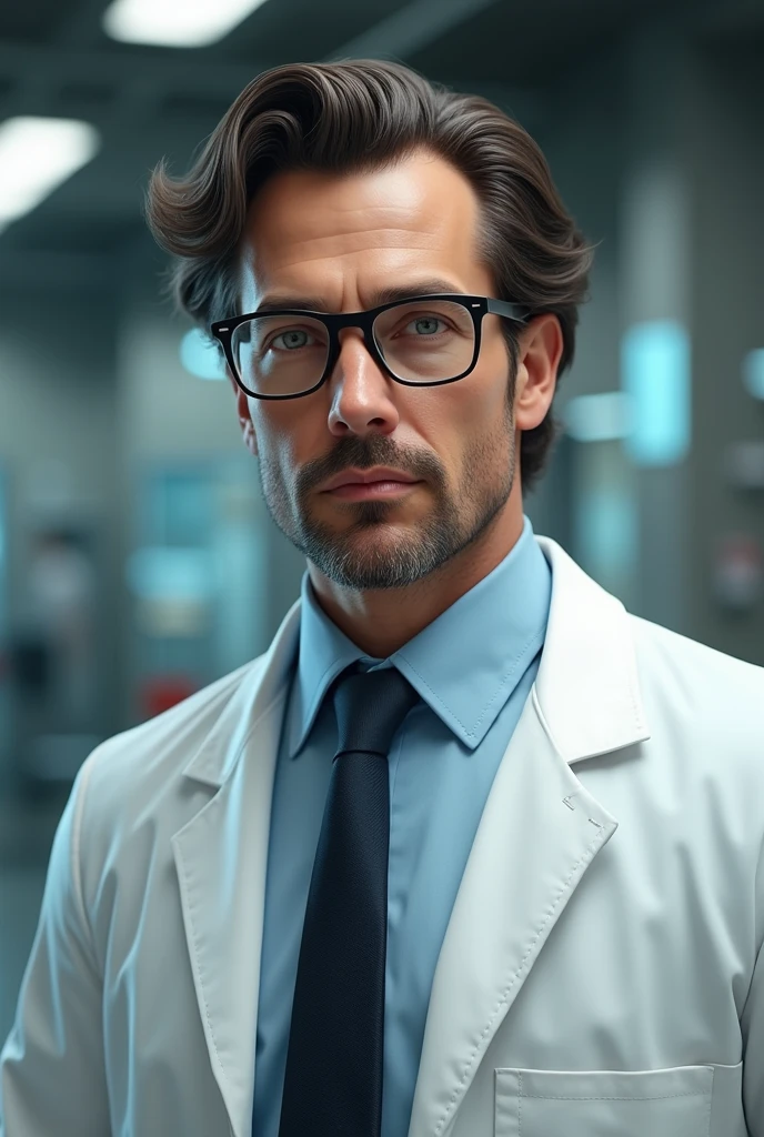 AGE: Around 45 years.
Height: Approximately 1.80 meters.
Complexion: Slim but athletic.
for the: dark brown, slightly wavy, side hairstyle, with some grey hair at the temples.
eyes: Blue or green, with an intense and thoughtful look.
fur: thesis clara, with a healthy appearance.
facial hair: Light and well-trimmed beard, which adds a touch of maturity.
outfit: White lab coat over a light blue shirt, sober tie and thin-framed glasses.
These characteristics combine a professional appearance with an air of authority and experience., ideal for a prominent scientist like Dr.. Adrian Pierce.