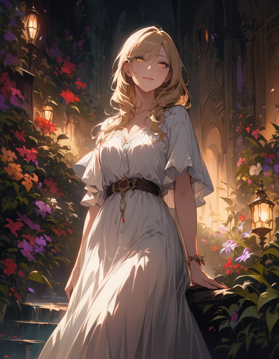 detailed textures, high quality, high resolution, high accuracy, Realism, color correction, correct lighting settings, harmonious composition. alone, Curvy woman, blond hair, (Pale and shining eyes:1.5), (detailed eyes:1.2), Smirk,White dress, Phantom Figure, foggy garden, hauntingly beautiful, Essential lighting, soft pastels, depth of field--ar 3:4- Niji 6