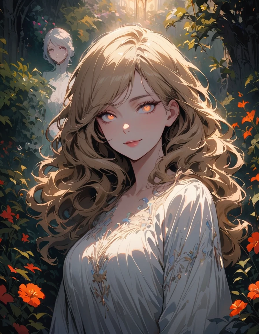 detailed textures, high quality, high resolution, high accuracy, Realism, color correction, correct lighting settings, harmonious composition. alone, Curvy woman, blond hair, (Pale and shining eyes:1.5), (detailed eyes:1.2), Smirk,White dress, Phantom Figure, foggy garden, hauntingly beautiful, Essential lighting, soft pastels, depth of field--ar 3:4- Niji 6