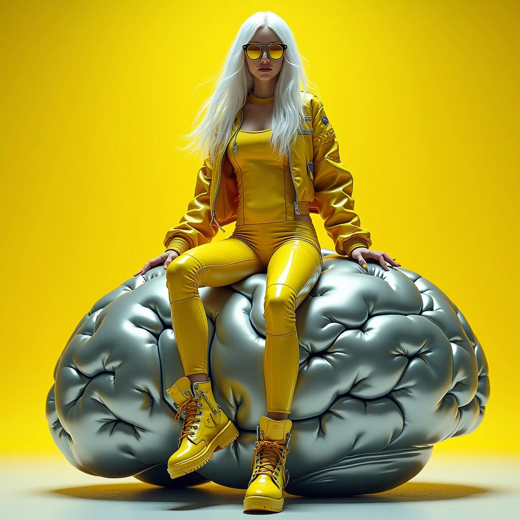 A woman with long white hair,wearing a yellow bodysuit,a yellow transparent jacket,a yellow leather mini skirt and a futuristic boot that looks like something with a robot with a heel,she will be sitting on a giant silver brain floating in the air, the yellow and black background mixing and she will wear very futuristic accessories,I want her sexy but futuristic clothing style