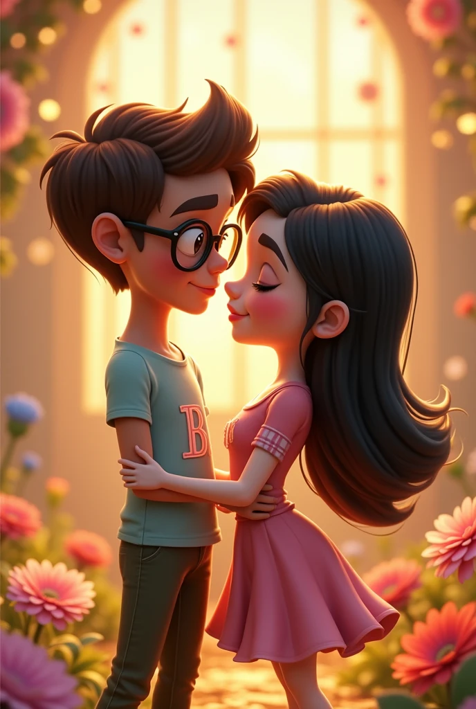 A Disney-type couple, he has light brown skin, Brown hair, with glasses and 1 meter tall.70, she with white skin, black hair and height 1.66, that on his shirt he has the initial B and on hers the initial T