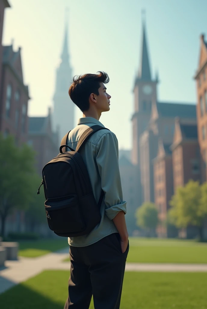 A dark-haired young man who has just entered college for mechanical engineering with his back turned looking a long way and dreaming of graduating from the course..