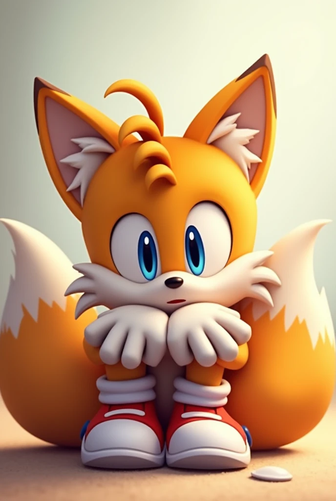 Tails hugging own legs looking at the viewer with his shoes and gloves on