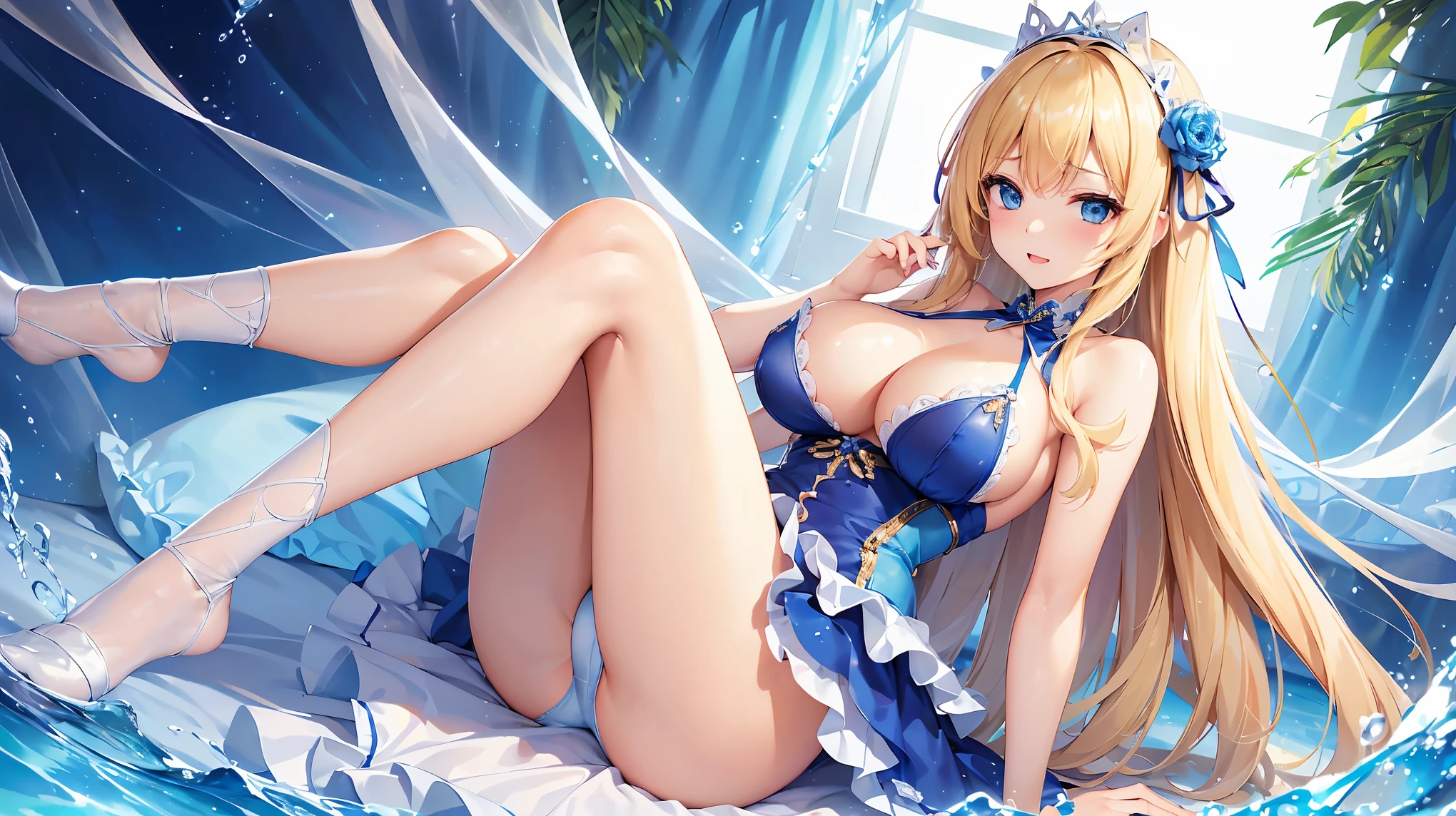 ((Highest quality、High resolution))、Beautiful woman、Perfect body、Beautiful and bountiful breasts、(tits)、long blond、bangs、Blue and white、Embellished blue sexy dress、skirt、(((Open your legs wide to show your panties、I'm tempting you、Woman inviting to sex)))、Outdoor Scenery、(Sexually excited facial expression)