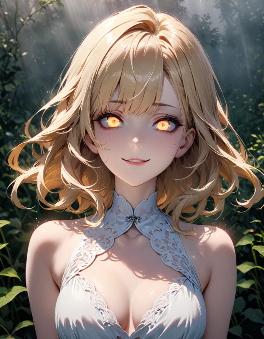 detailed textures, high quality, high resolution, high accuracy, Realism, color correction, correct lighting settings, harmonious composition. alone, Curvy woman, blond hair, (Pale and shining eyes:1.5), (detailed eyes:1.2), Smirk,White dress, Phantom Figure, foggy garden, hauntingly beautiful, Essential lighting, soft pastels, depth of field--ar 3:4- Niji 6