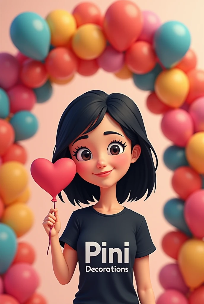 I want an advertising design of an adult woman with shoulder-length black hair, small eyes, showing only the torso of his body, with black t-shirt, in cartoon form with a heart-shaped balloon in her right hand and next to it a large arch of balloons surrounding her. With some letters below that say "Pini decorations"